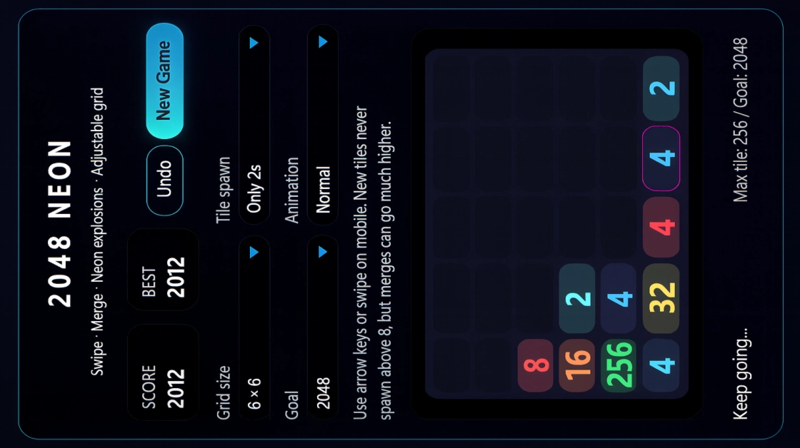 2048 Neon — Adjustable Grid, Swipe, Merg